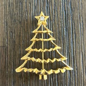 Vintage Christmas Tree Brooch Pin Gold Tone